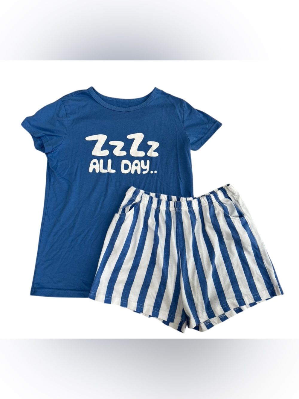 Kids Blue Short Sleeve Pajama Set with Stripe Shorts, Size Youth 16